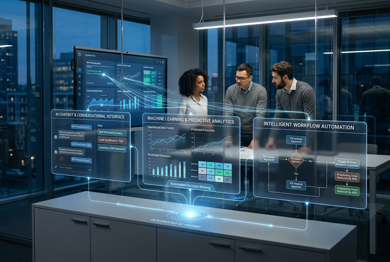 AI-integrated web application development showing machine learning and intelligent workflow automation