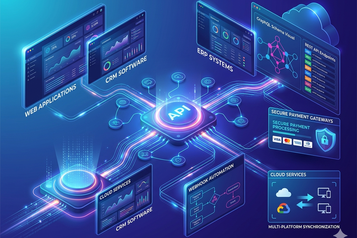 API integration for custom web applications showing REST API and system connectivity diagram